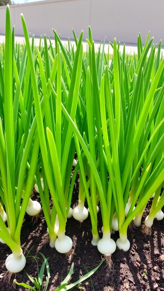 Healthy green onion plants growing in a garden bed under a sunny sky.